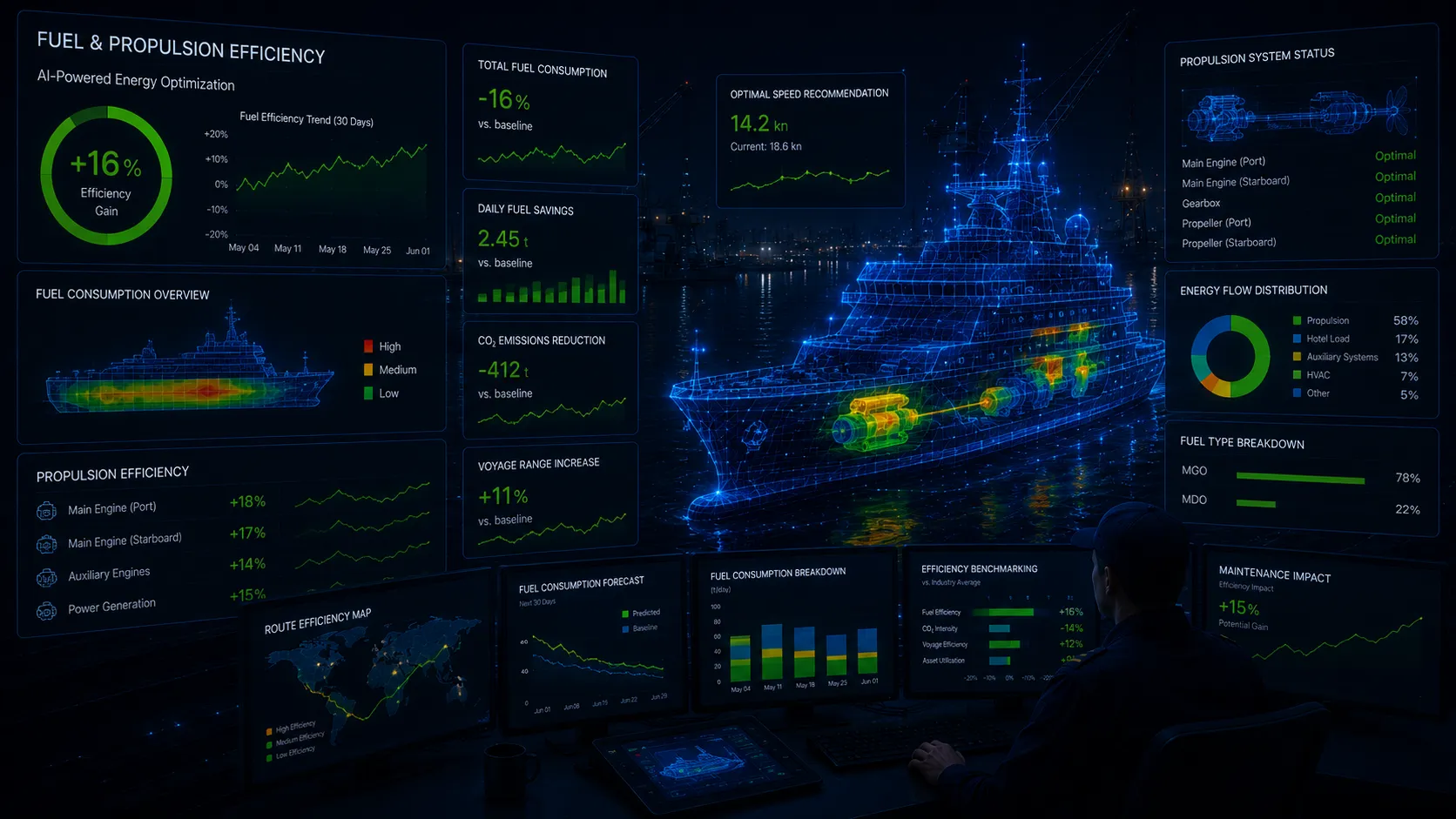 Fuel and propulsion efficiency — vessel energy and propulsion optimisation