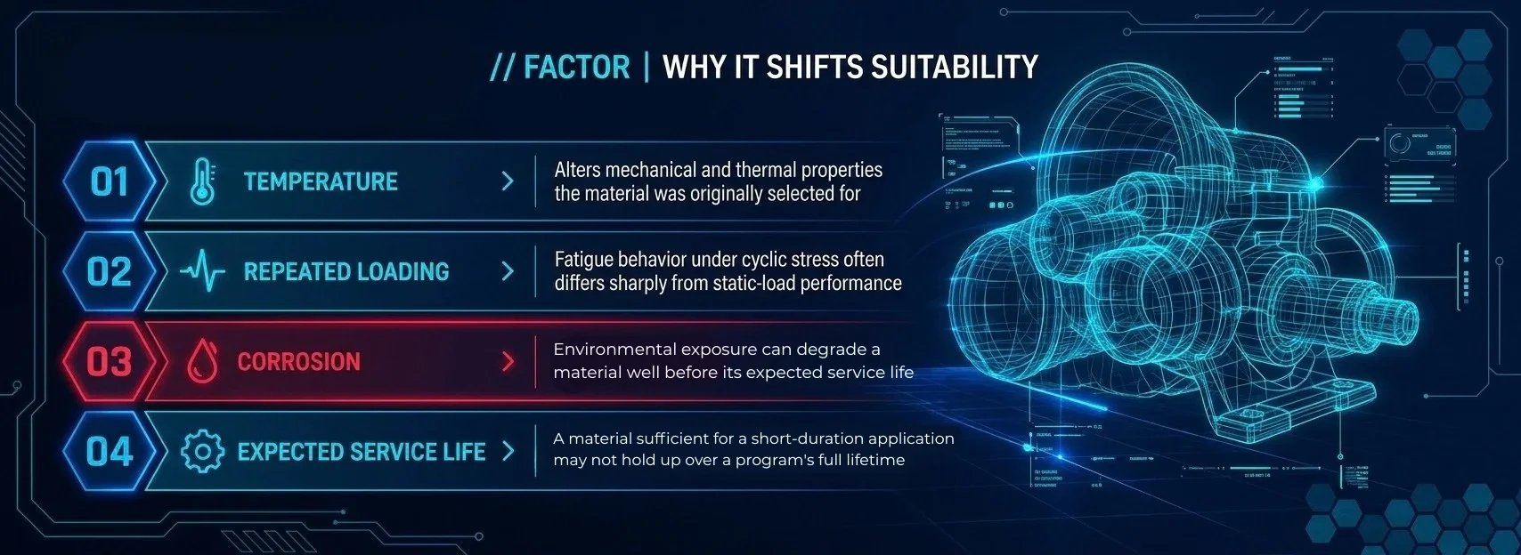 Four factors that shift material suitability: temperature, repeated loading, corrosion, and expected service life, each altering how a material performs against its original selection