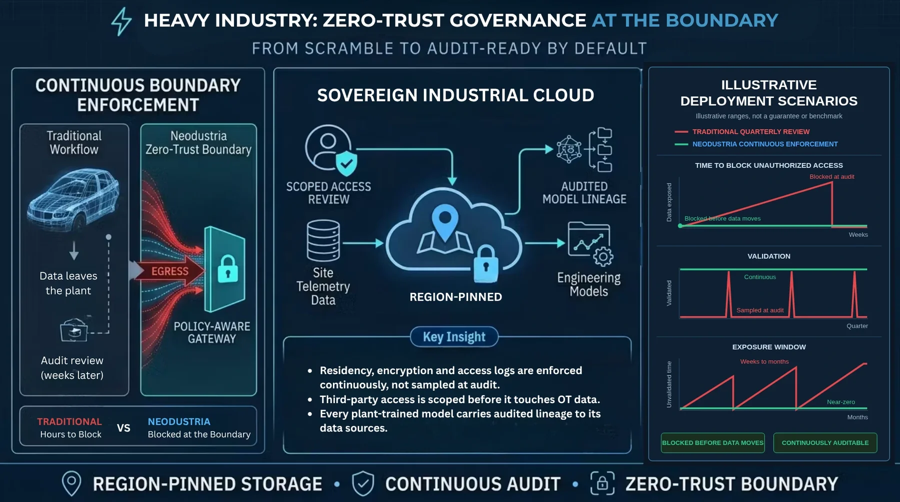 Zero-trust governance at the boundary: continuous boundary enforcement blocking unauthorized access before data moves, compared to traditional quarterly review, across time-to-block, validation, and exposure-window scenarios
