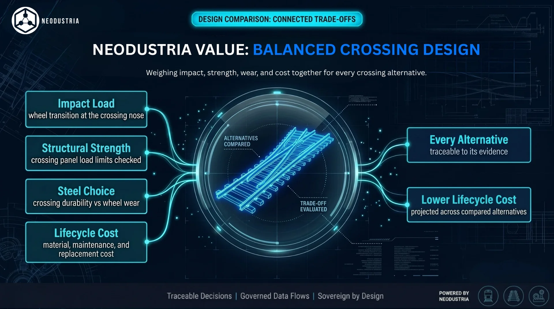 Neodustria value: balanced crossing design weighing impact load, structural strength, steel choice, and lifecycle cost together, with every alternative traceable to its evidence and lower lifecycle cost projected