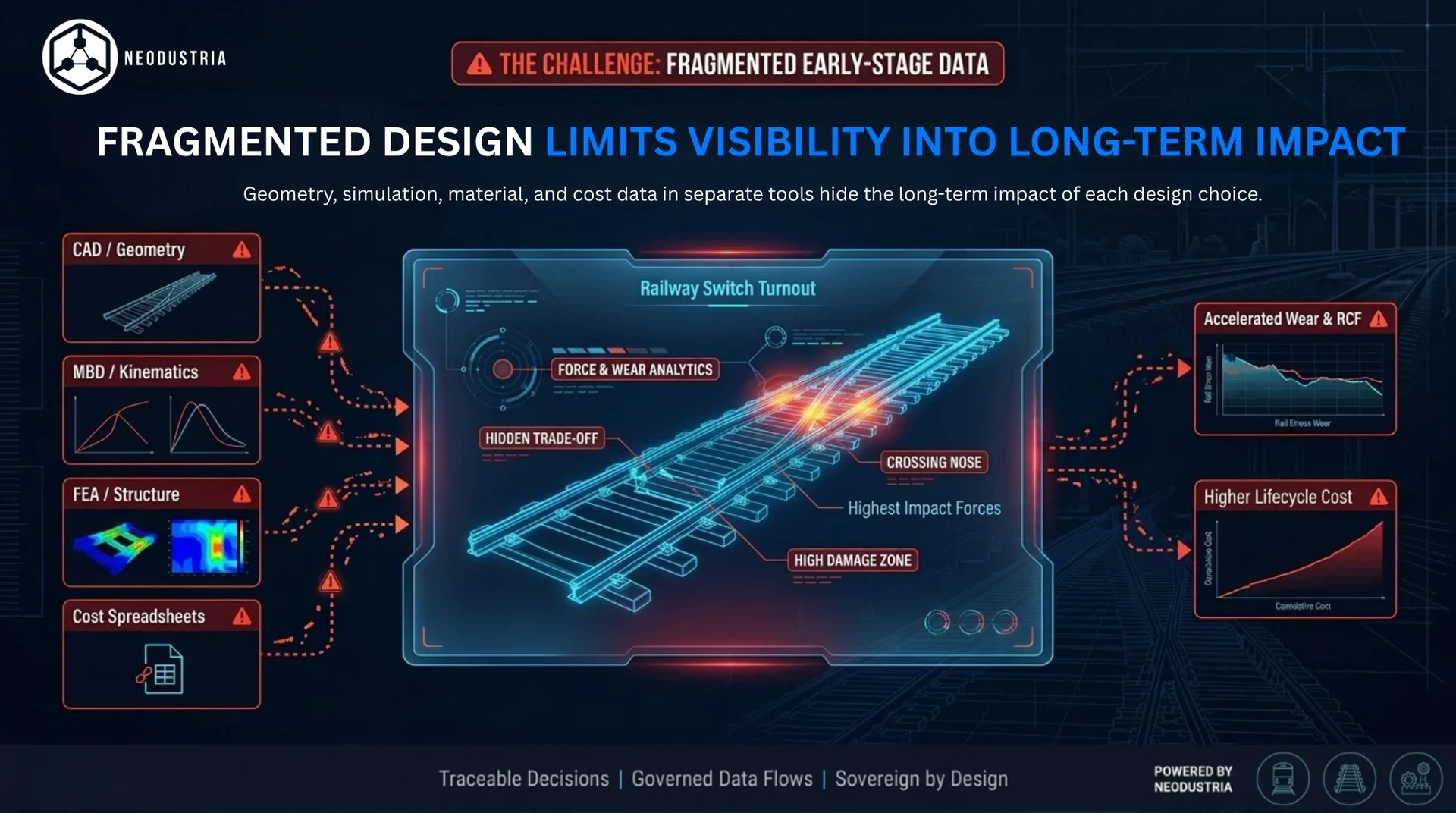 Fragmented design limits visibility into long-term impact: geometry, simulation, material, and cost data in separate tools hide the long-term impact of each crossing design choice, leading to accelerated wear and higher lifecycle cost