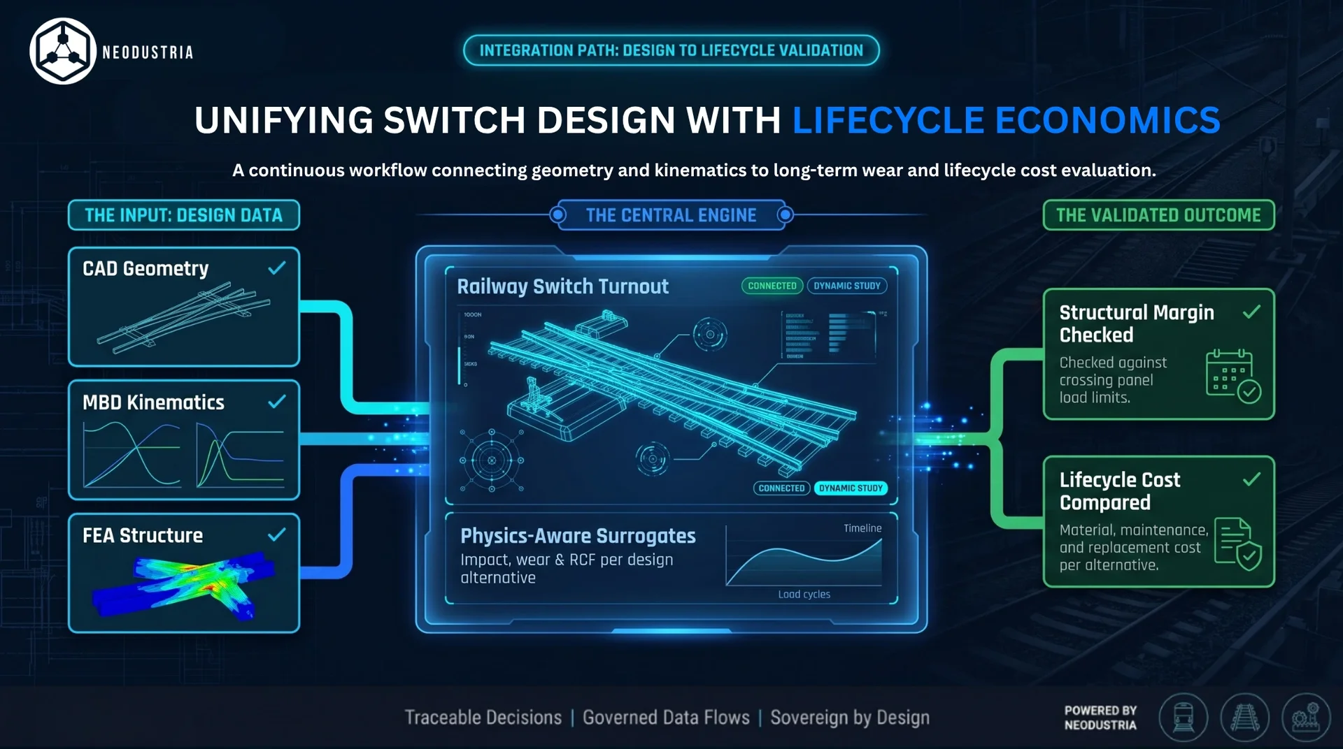Unifying switch design with lifecycle economics: a continuous workflow connecting CAD geometry, MBD kinematics, and FEA structure to structural margin checks and compared lifecycle cost