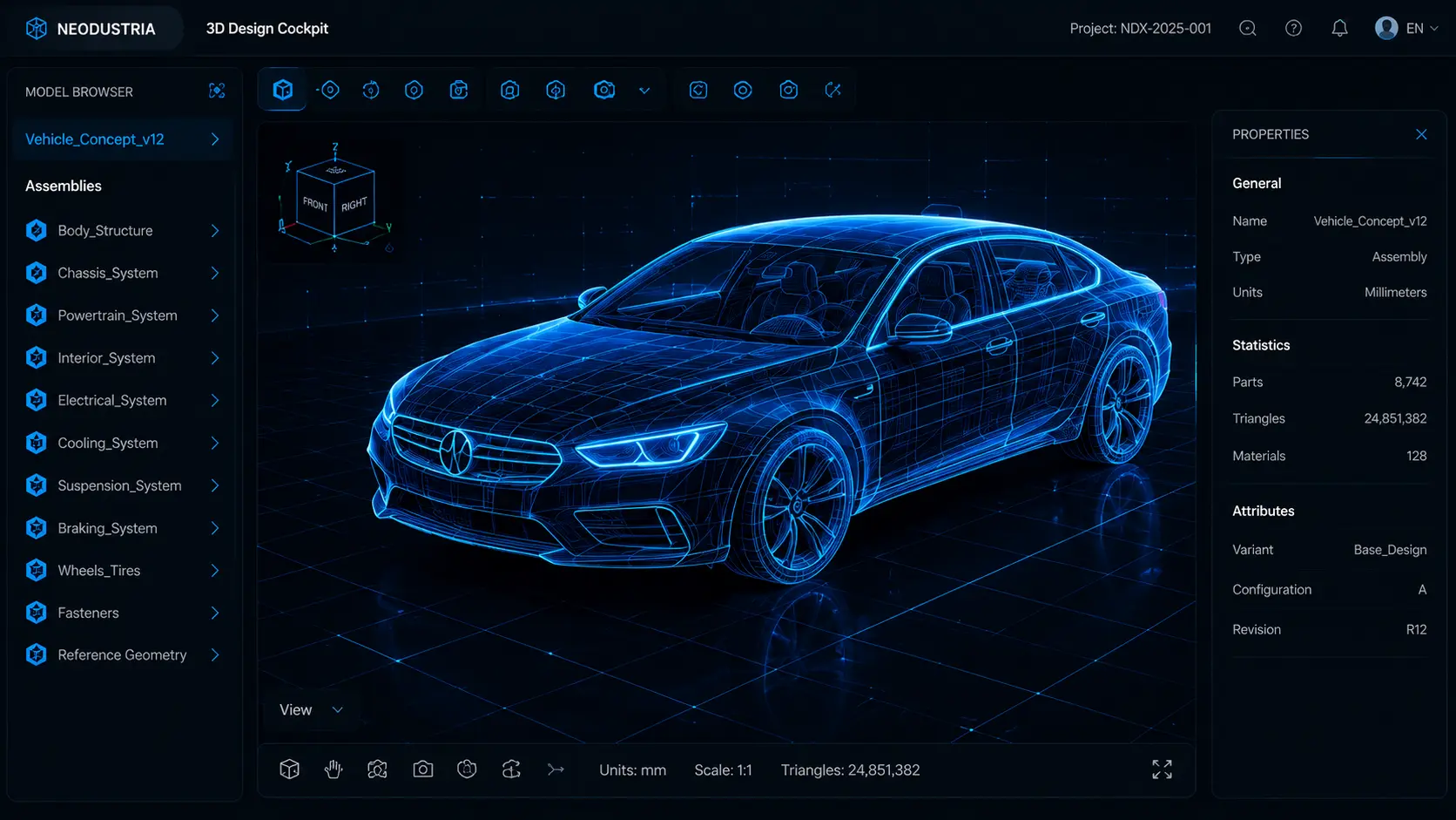 3D Design Cockpit interface — parametric AI modeling